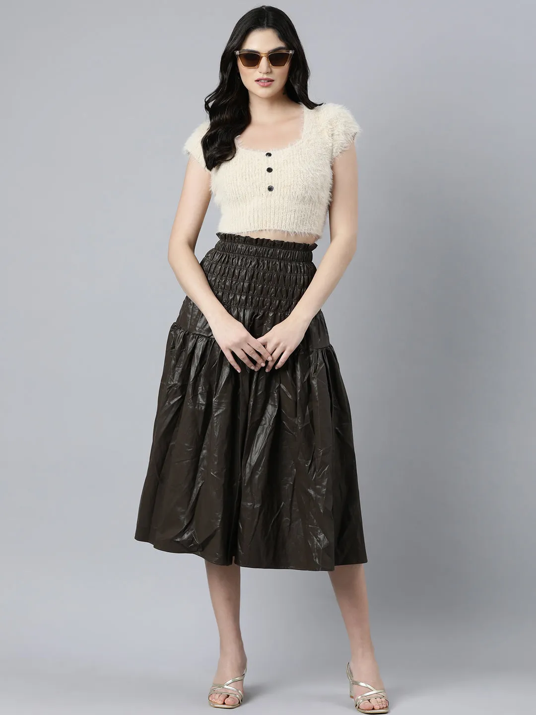 Women Solid Brown Flared Midi Skirt