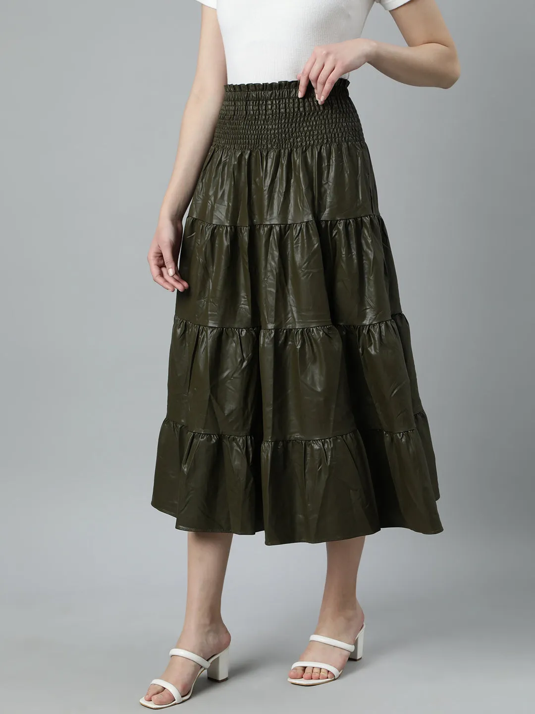 Women Solid Olive Tiered Midi Skirt