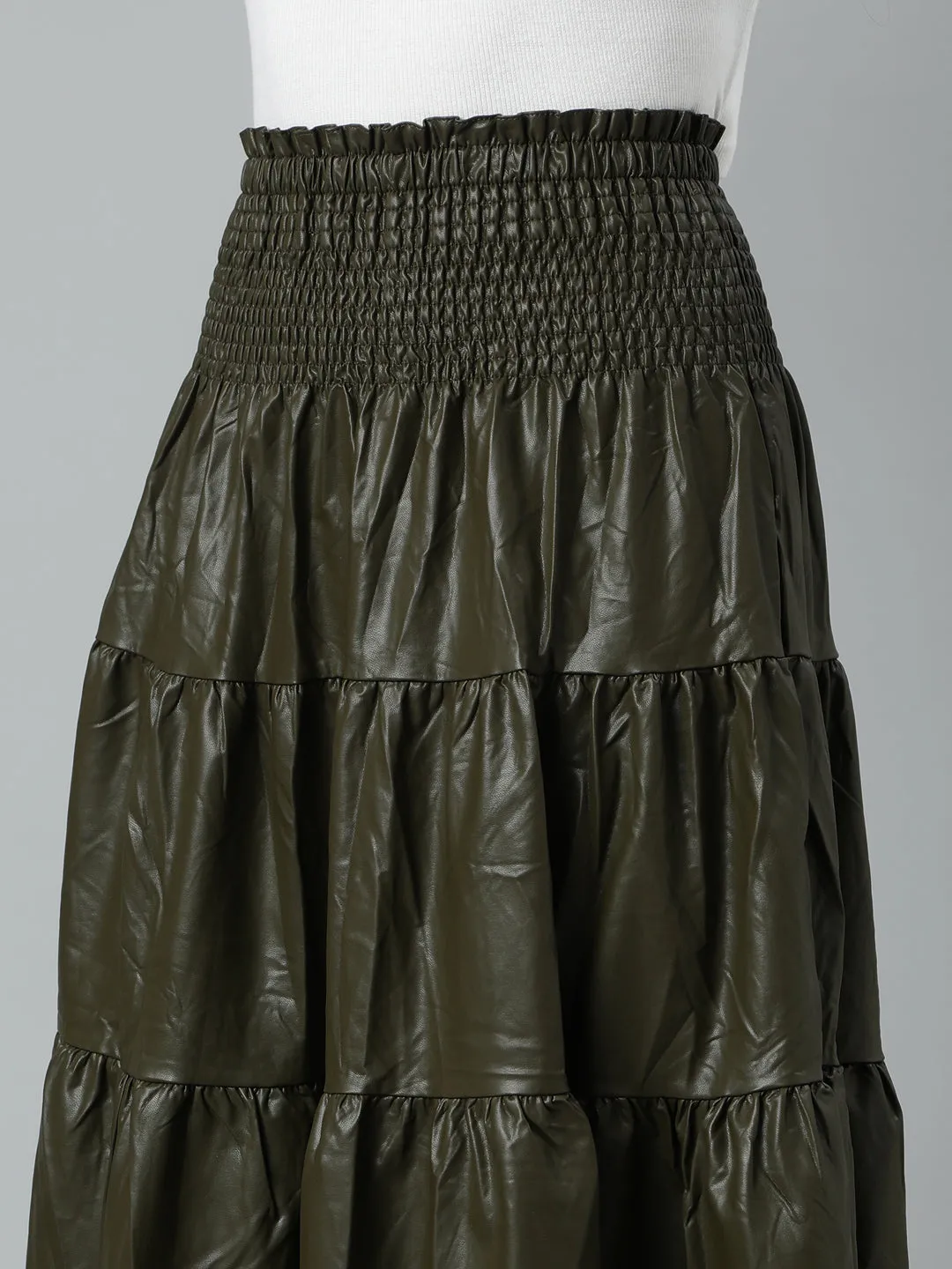 Women Solid Olive Tiered Midi Skirt