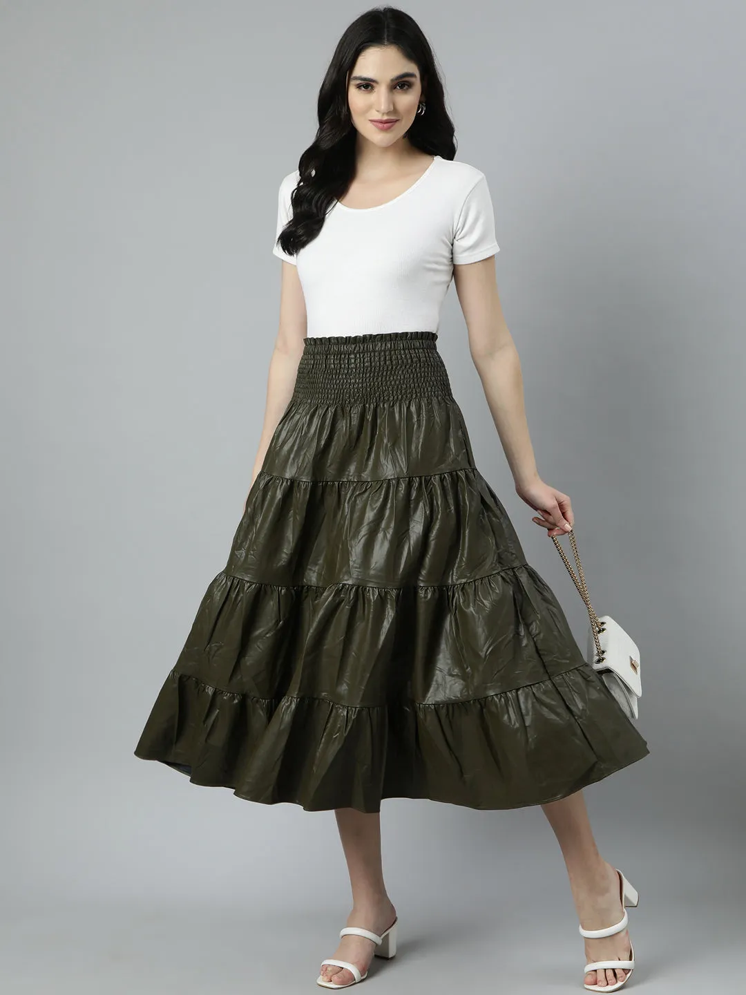 Women Solid Olive Tiered Midi Skirt