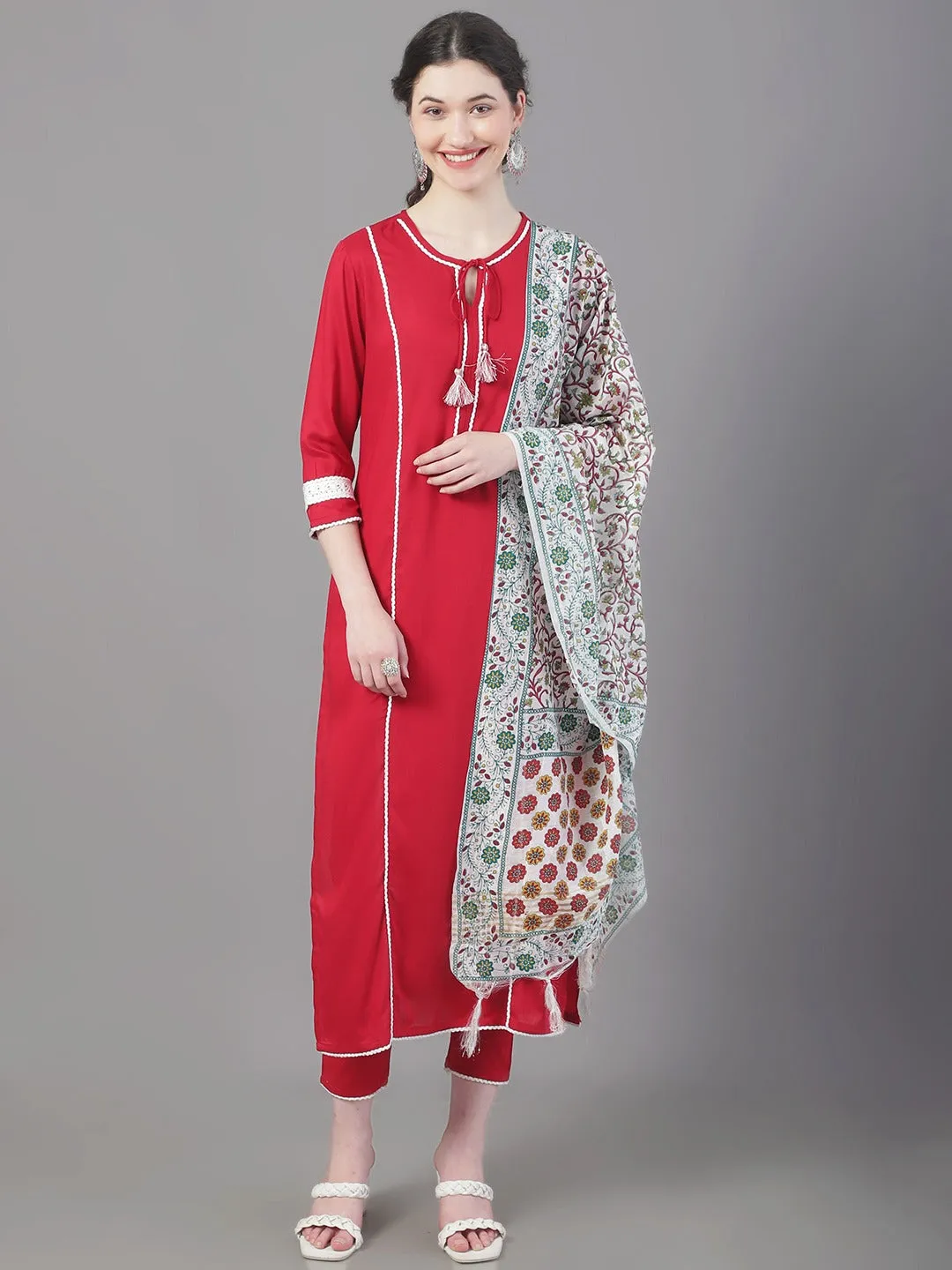 Women Tie-Up Neck Panelled Kurta With Trousers & Dupatta