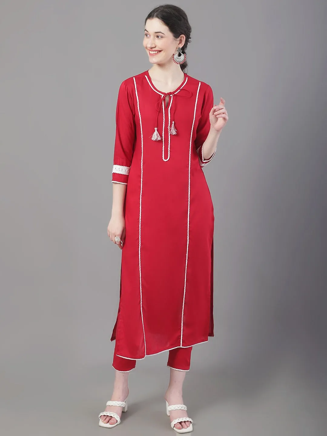 Women Tie-Up Neck Panelled Kurta With Trousers & Dupatta