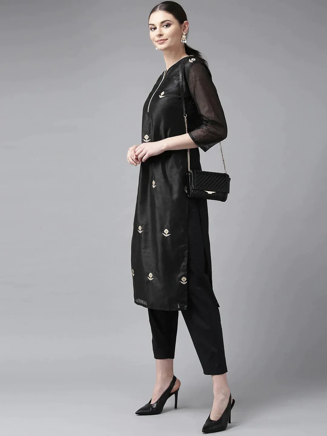 Women'S Black & Cream-Coloured Embroidered Kurta With Trousers