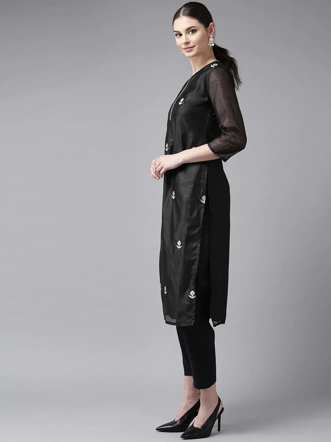 Women'S Black & Cream-Coloured Embroidered Kurta With Trousers