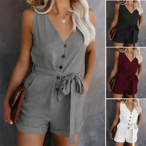 Women's Casual V-neck Monochromatic Jumpsuit, Five-Point Shorts, European and American, Summer, New, 2024